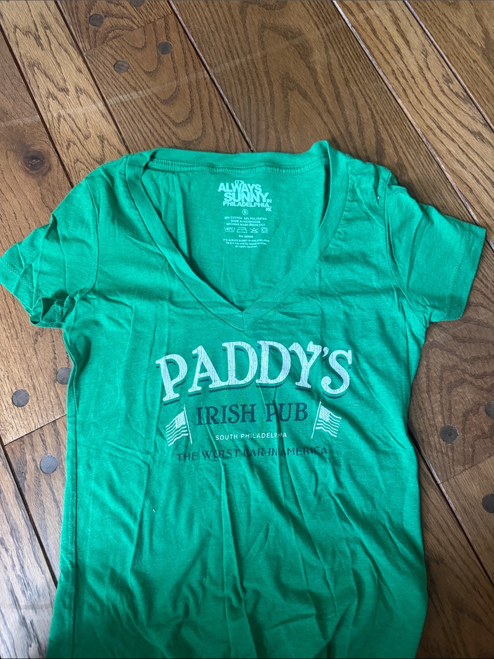 "Paddy's Irish Pub" Green women’s Small V-Neck T-Shirt from Always Sunny
